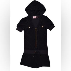 Juicy Couture Y2k Black Terry Cloth Playsuit Hooded Romper